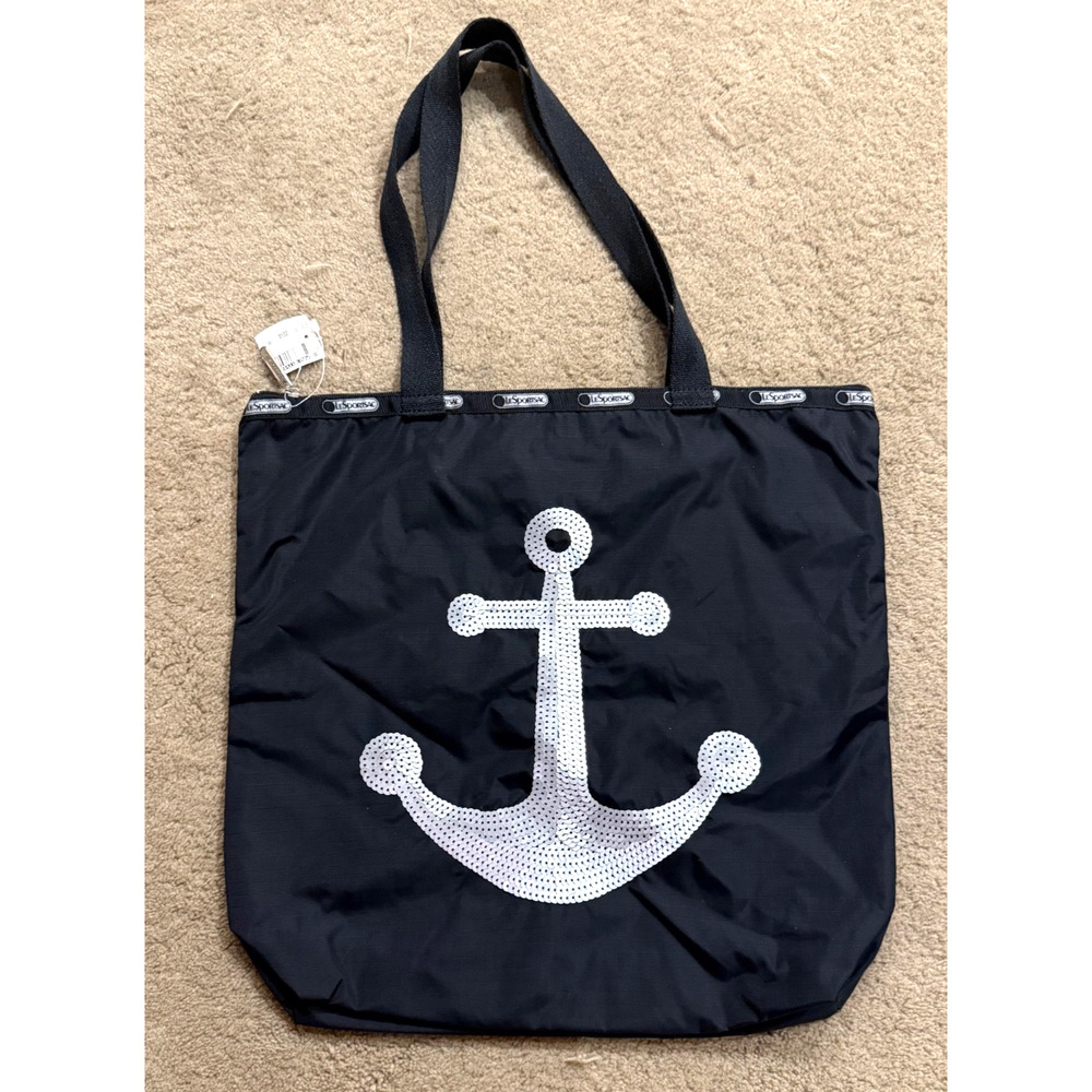 Lesportsac Tote Bag Sequin Anchor Zip Closure Inside Zip Pocket Black